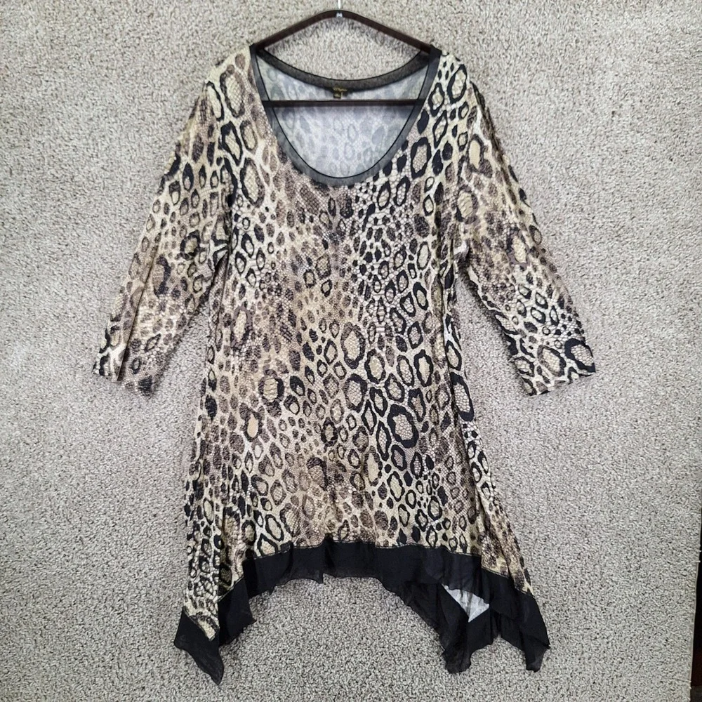 Cupio Tunic Dress Women's XL White Black Leopard Print Sheer Asymmetrical Hem